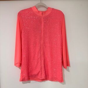 Berek Sequin Mesh Zip Front Top Women XL Neon Pink Mock Neck | Barbiecore Glam